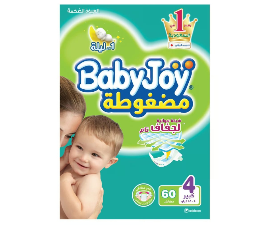 Babyjoy Compressed Diamond Pad Diaper, Mega Pack Large Size 4, Count 60, 10 - 18 Kg