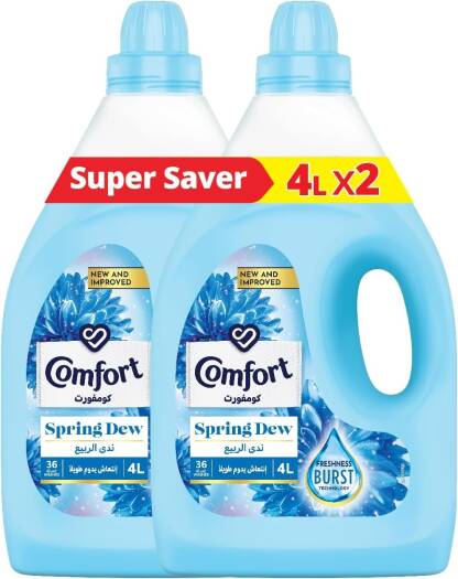 COMFORT Fabric Softener, Spring Dew, with freshness-burst technology for longer lasting fragrance & soft clothes, 4L x 2